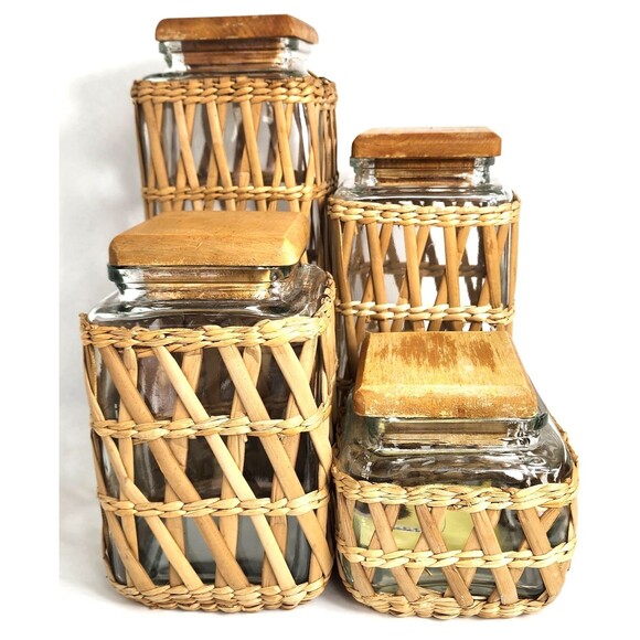 Lidded Seagrass Glass Wicker Boho Retro Square Storage Jar Vintage Set of 4 - Picture 1 of 14